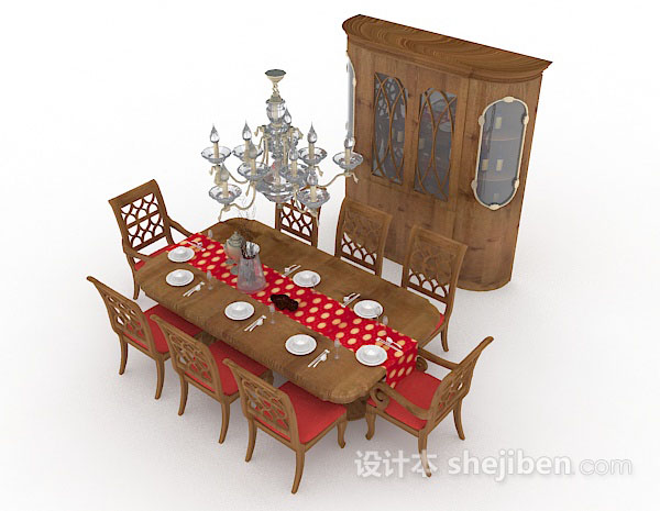 免费新中式木质餐桌椅3d模型下载