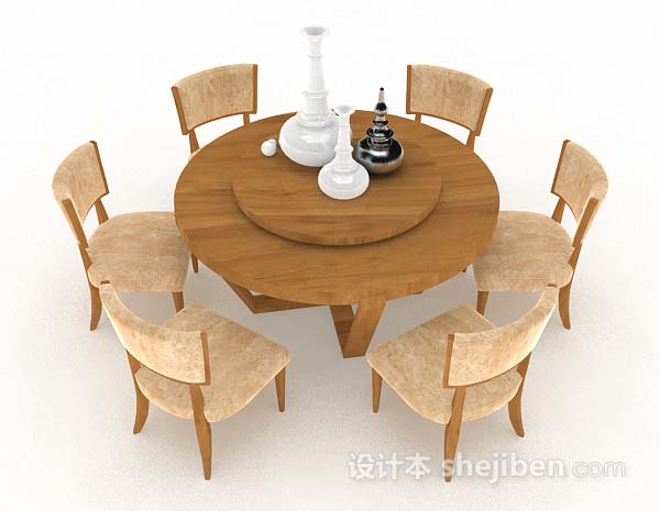 免费黄棕色圆形餐桌椅3d模型下载
