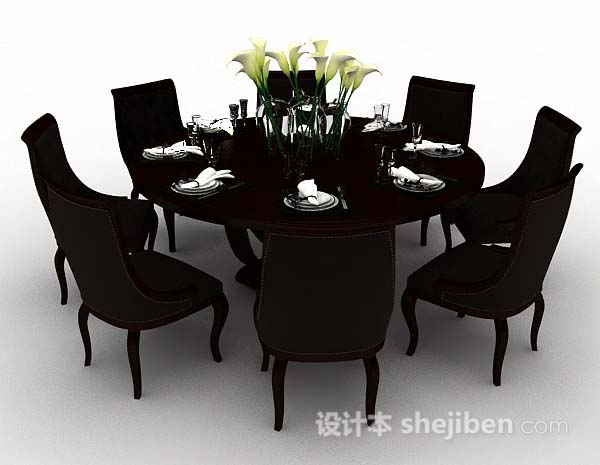 设计本深棕色圆餐桌椅3d模型下载