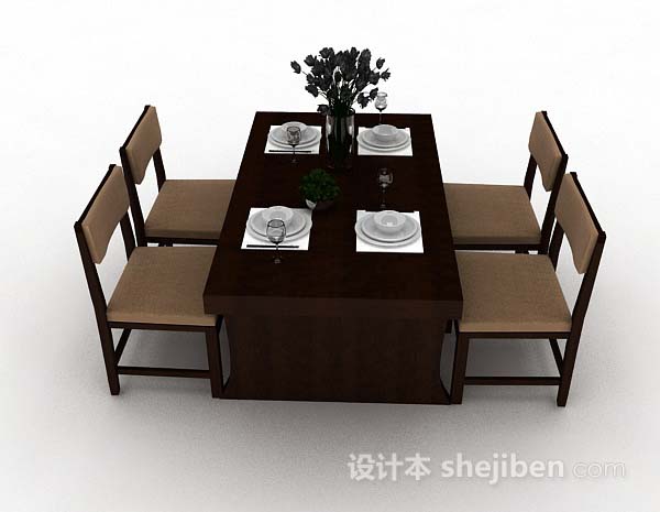 现代风格棕色简约木质餐桌椅3d模型下载