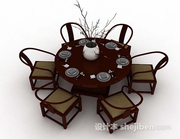 设计本中式木质圆形餐桌椅3d模型下载