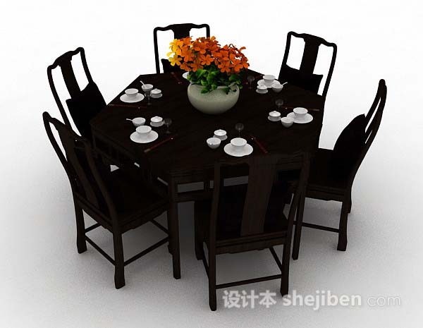中式风格中式木质餐桌椅3d模型下载