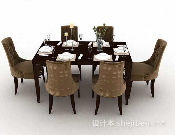 设计本欧式棕色木质餐桌椅3d模型下载