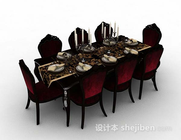 欧式红色餐桌椅3d模型下载