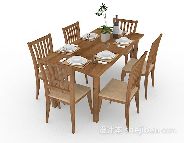 免费黄棕色木质餐桌椅组合3d模型下载