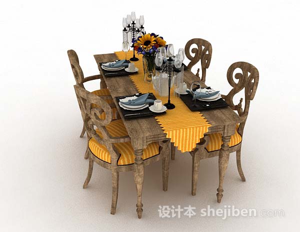 设计本田园木质餐桌椅3d模型下载