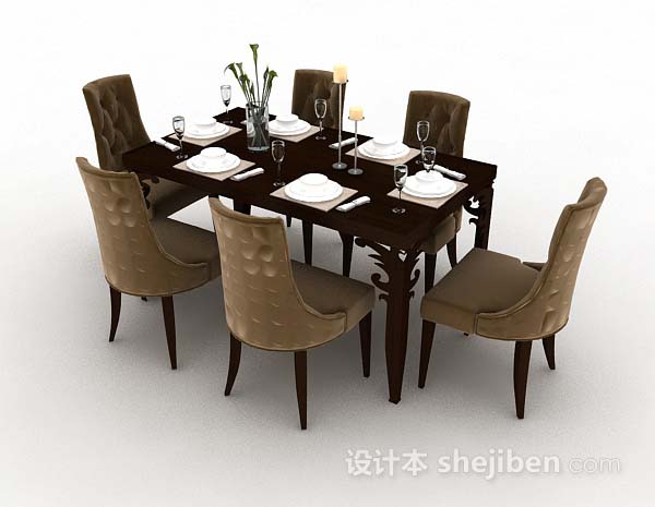 欧式棕色木质餐桌椅3d模型下载