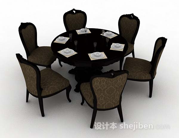 欧式风格欧式深棕色木质餐桌椅3d模型下载