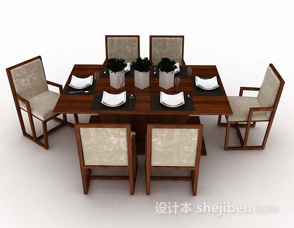 现代风格木质棕色餐桌椅3d模型下载