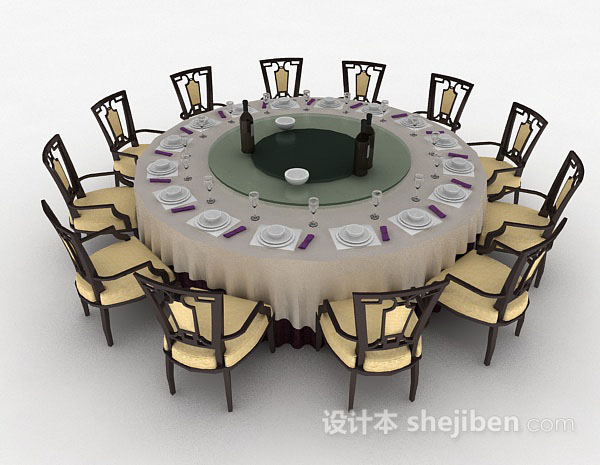 设计本新中式圆形餐桌椅3d模型下载