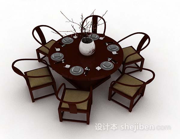 中式木质圆形餐桌椅3d模型下载