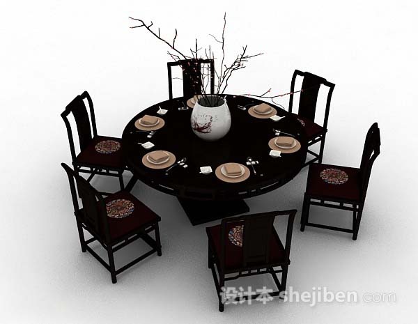 中式风格中式圆形木质餐桌椅3d模型下载