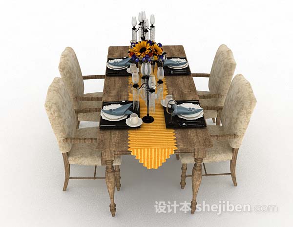 免费欧式木质棕色餐桌椅3d模型下载
