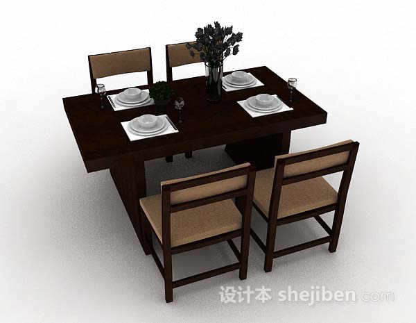 设计本棕色简约木质餐桌椅3d模型下载
