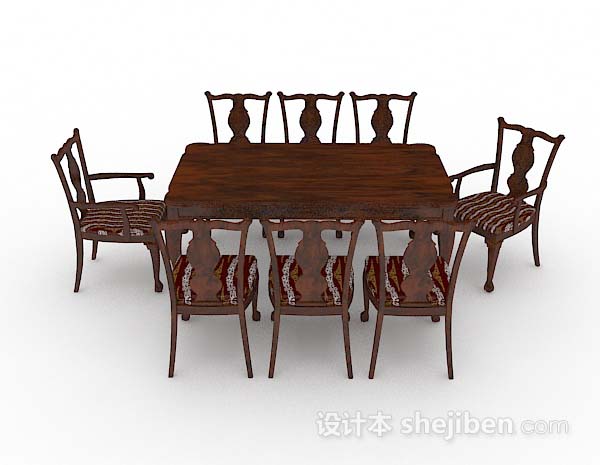 中式风格新中式棕色木质餐桌椅3d模型下载