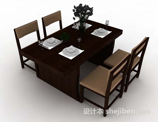 免费棕色简约木质餐桌椅3d模型下载