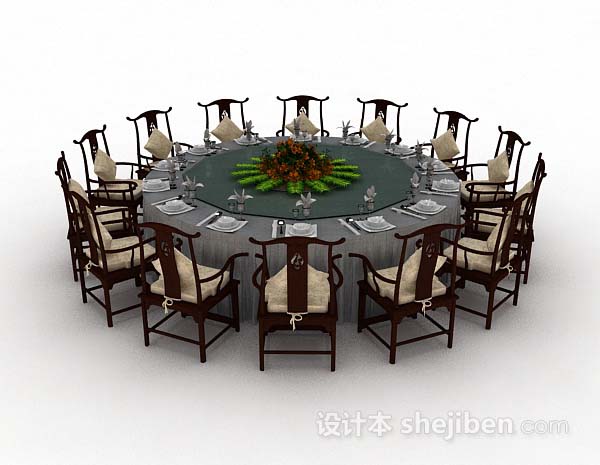 中式风格中式木质圆形餐桌椅3d模型下载