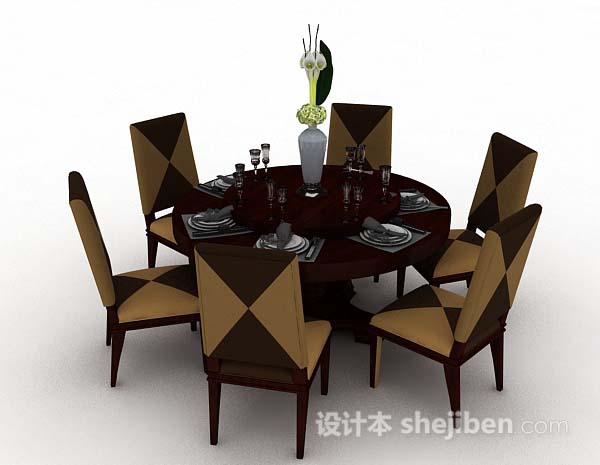 现代风格棕色圆形餐桌椅3d模型下载