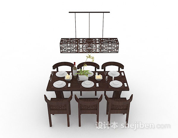 中式风格新中式木质棕色餐桌椅3d模型下载