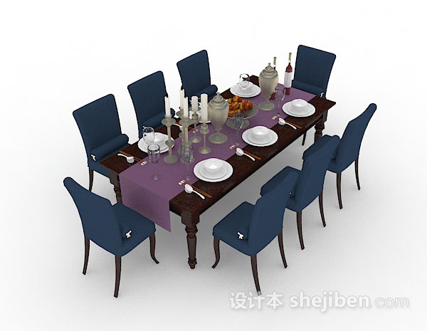 蓝色木质餐桌椅3d模型下载
