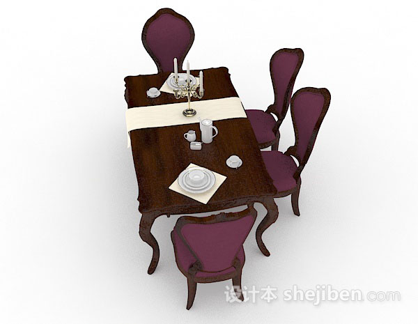 免费紫色木质餐桌椅3d模型下载