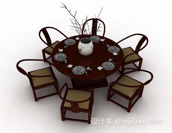 免费中式木质圆形餐桌椅3d模型下载