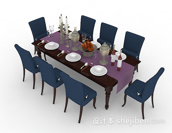 现代风格蓝色木质餐桌椅3d模型下载
