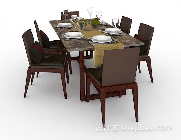 设计本棕色简约餐桌椅3d模型下载