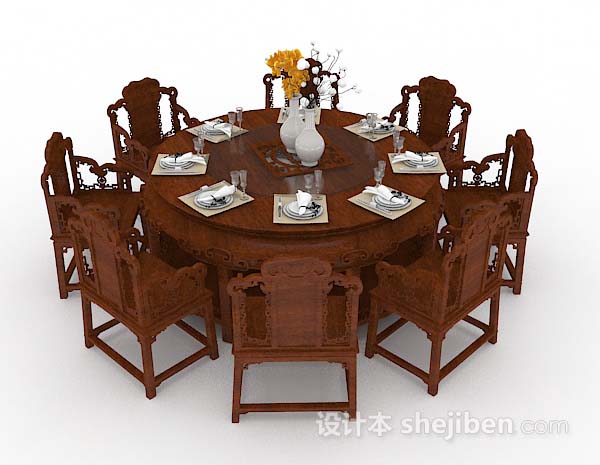设计本中式木质餐桌椅3d模型下载