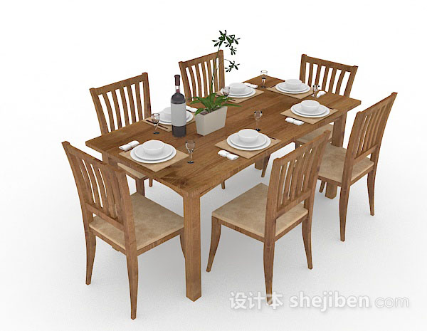黄棕色木质餐桌椅组合3d模型下载