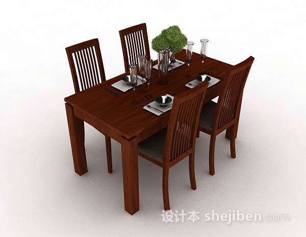 田园棕色木质餐桌椅3d模型下载