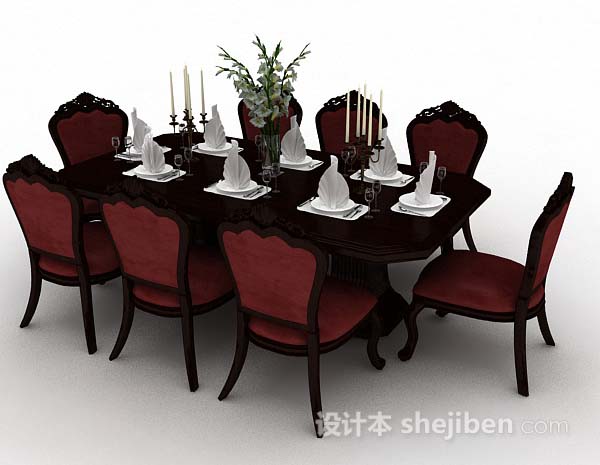 免费欧式复古木质餐桌椅3d模型下载