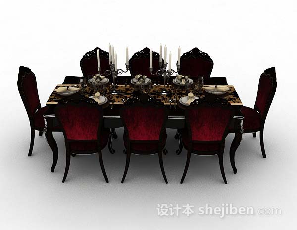 欧式风格欧式红色餐桌椅3d模型下载