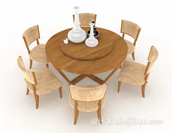 现代风格黄棕色圆形餐桌椅3d模型下载