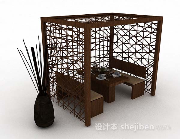 木质个性棕色餐桌椅3d模型下载