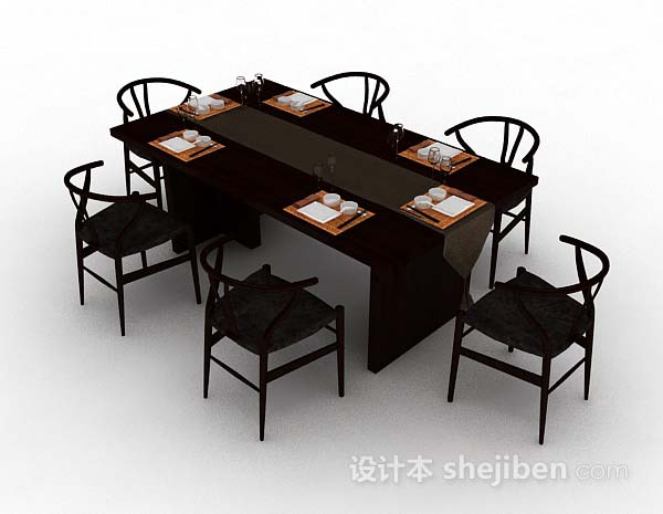 中式风格中式木质棕色餐桌椅3d模型下载