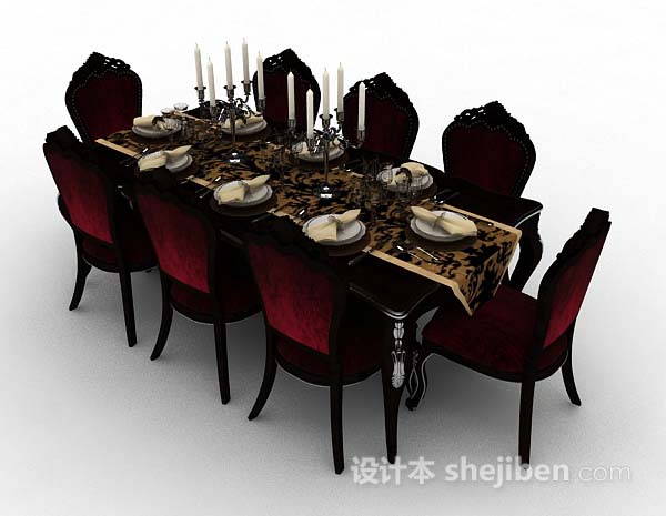 免费欧式红色餐桌椅3d模型下载