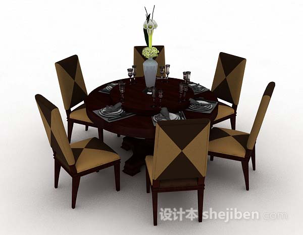 棕色圆形餐桌椅3d模型下载