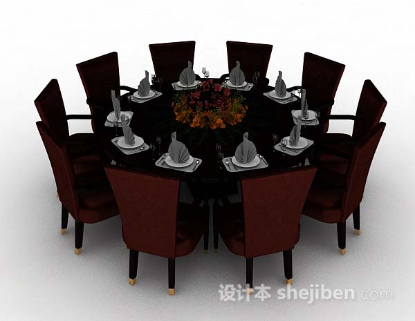 设计本深棕色圆形餐桌椅3d模型下载