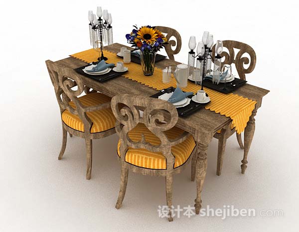 免费田园木质餐桌椅3d模型下载