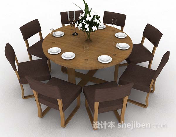 设计本棕色木质圆形餐桌椅3d模型下载