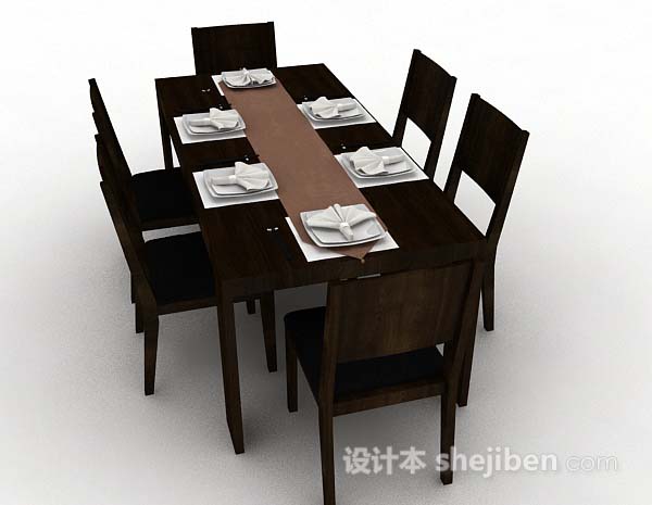 设计本深棕色木质餐桌椅3d模型下载