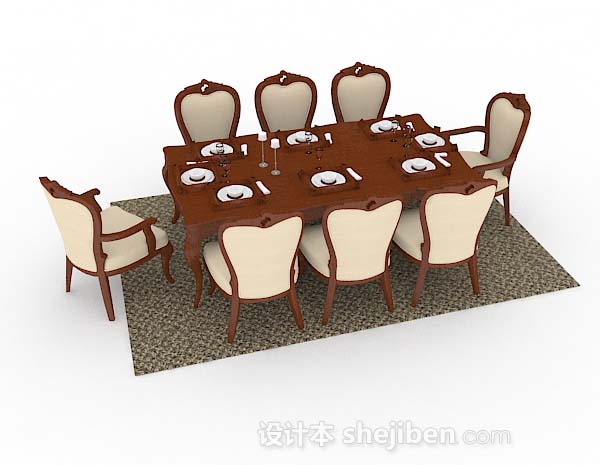 免费欧式棕色木质餐桌椅3d模型下载