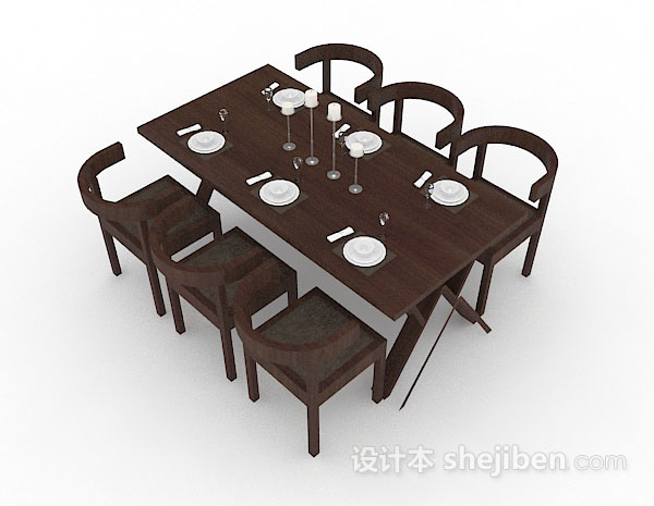 木质棕色餐桌椅组合3d模型下载