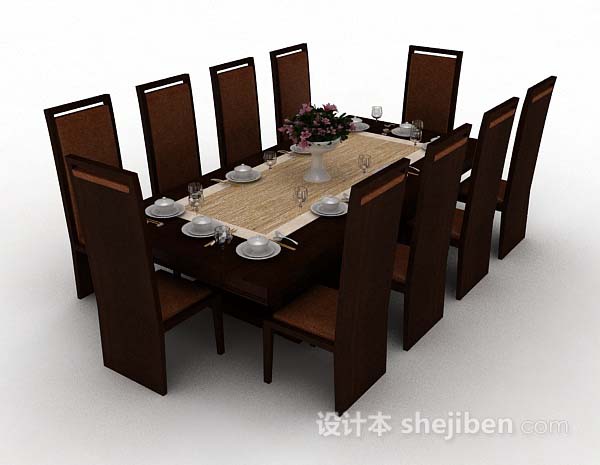 简单棕色木质餐桌椅3d模型下载