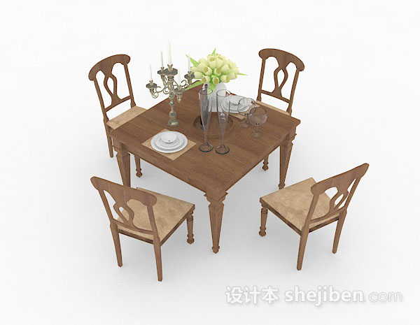 田园木质棕色餐桌椅3d模型下载