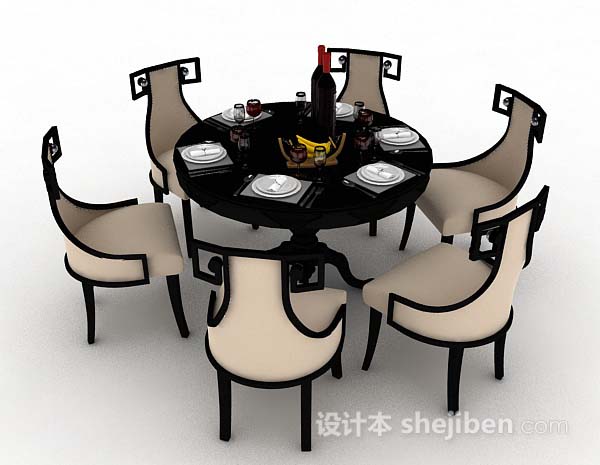 中式风格新中式圆形木质餐桌椅3d模型下载