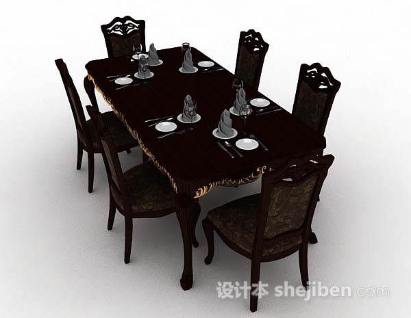设计本深棕色餐桌椅3d模型下载