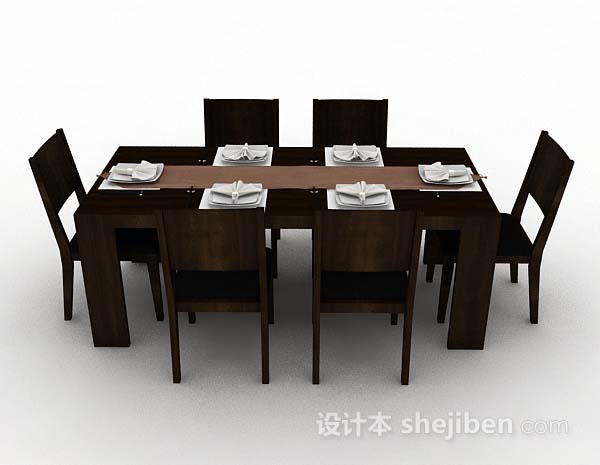 现代风格深棕色木质餐桌椅3d模型下载
