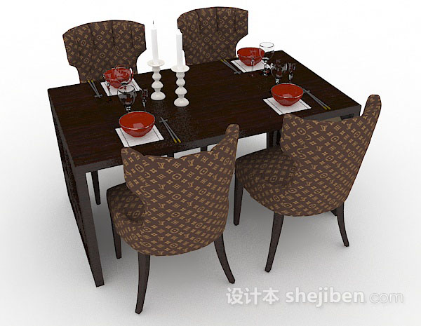 免费深棕色餐桌椅3d模型下载